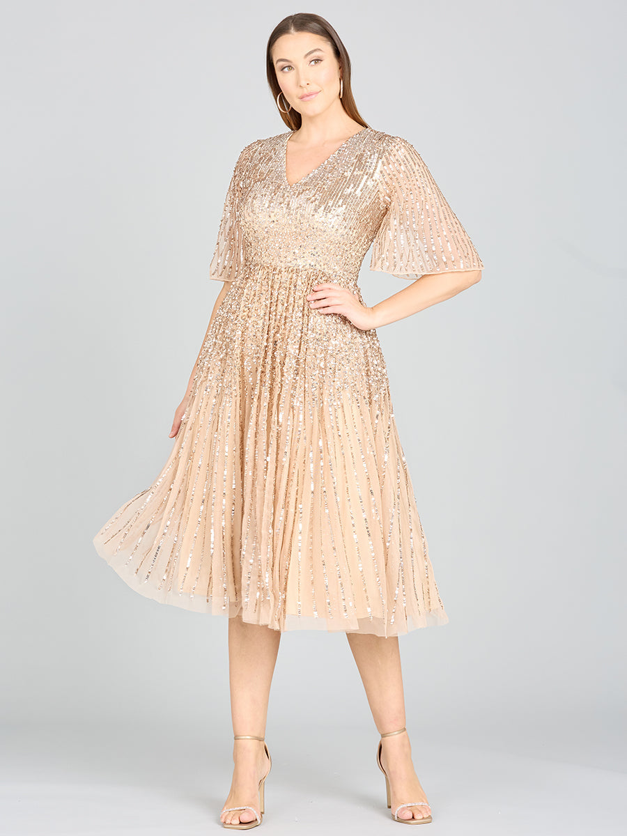 Lara 29221 Flowing Sequin Midi Mother of the Bride Dress with Short Sleeves