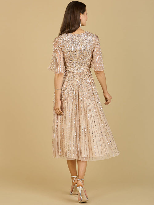 Lara 29221 Flowing Sequin Midi Mother of the Bride Dress with Short Sleeves