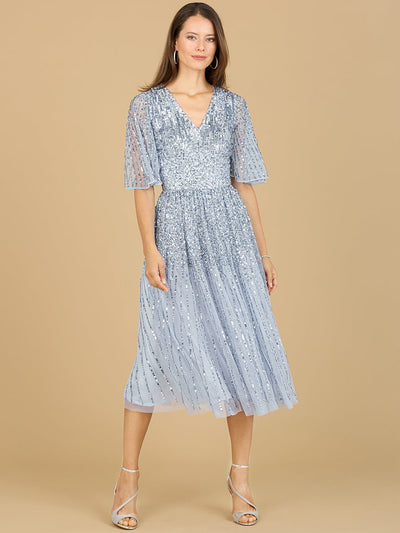 Lara 29221 Flowing Sequin Midi Mother of the Bride Dress with Short Sleeves