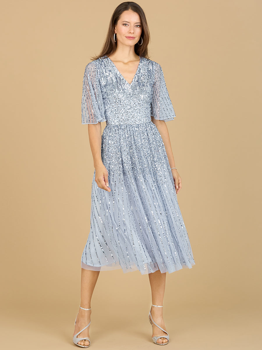 Lara 29221 Flowing Sequin Midi Mother of the Bride Dress with Short Sleeves