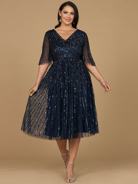 Lara 29221 Flowing Sequin Midi Mother of the Bride Dress with Short Sleeves