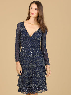 Lara 29223 Navy Long Sleeve Tiered Beaded Cocktail Dress