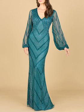 Lara 29228 Teal V-Neck Beaded Gown with Bishop Sleeves