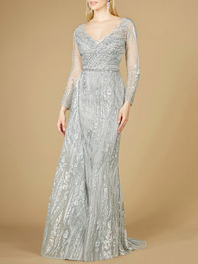 Lara 29230 Stone Multi Long Sleeve Lace Gown with Skirt Overlay