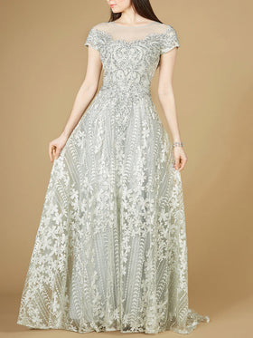 Lara 29235 Glacial Green Cap Sleeve Floral Lace A-Line Gown