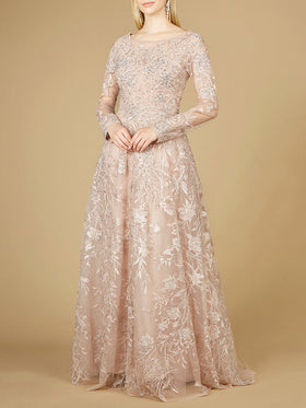 Lara 29240 Antique Rose Three-Quarter Sleeve Illusion Neck Lace Gown