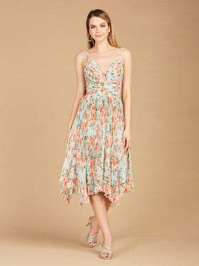 Lara 29243 V-Neck Printed Midi Length Dress with Pleats