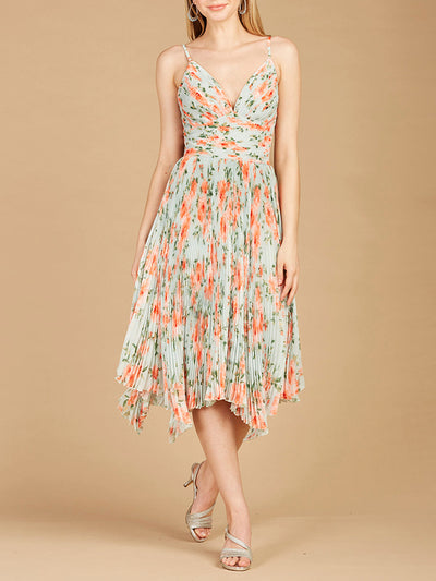 Lara 29243 V-Neck Printed Midi Length Dress with Pleats
