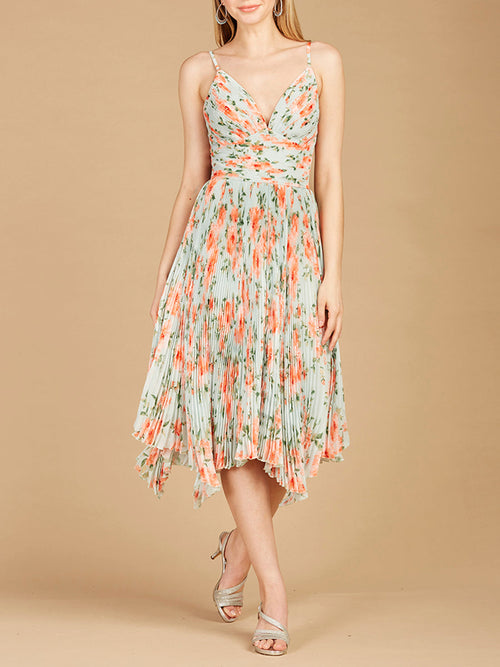 Lara 29243 V-Neck Printed Midi Length Dress with Pleats