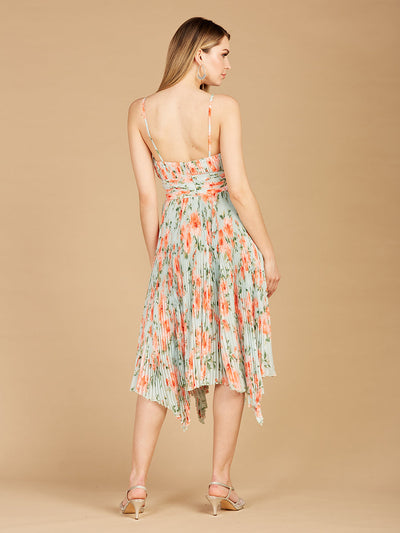 Lara 29243 V-Neck Printed Midi Length Dress with Pleats