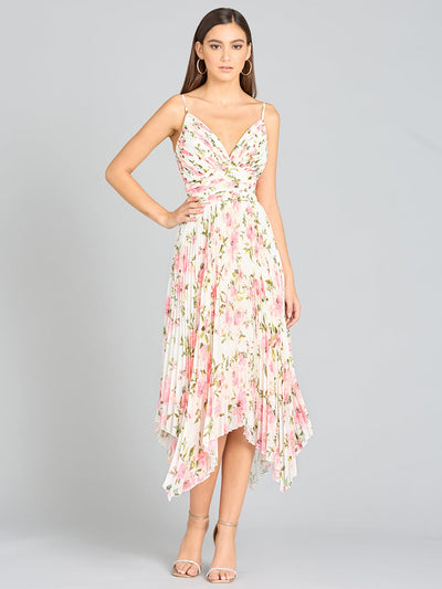 Lara 29243 V-Neck Printed Midi Length Dress with Pleats