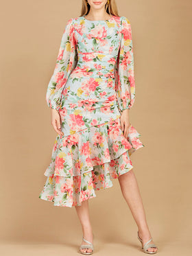 Lara 29244 Mint High Neck Floral Print Long Sleeve Ruffle Midi Dress - Outlet