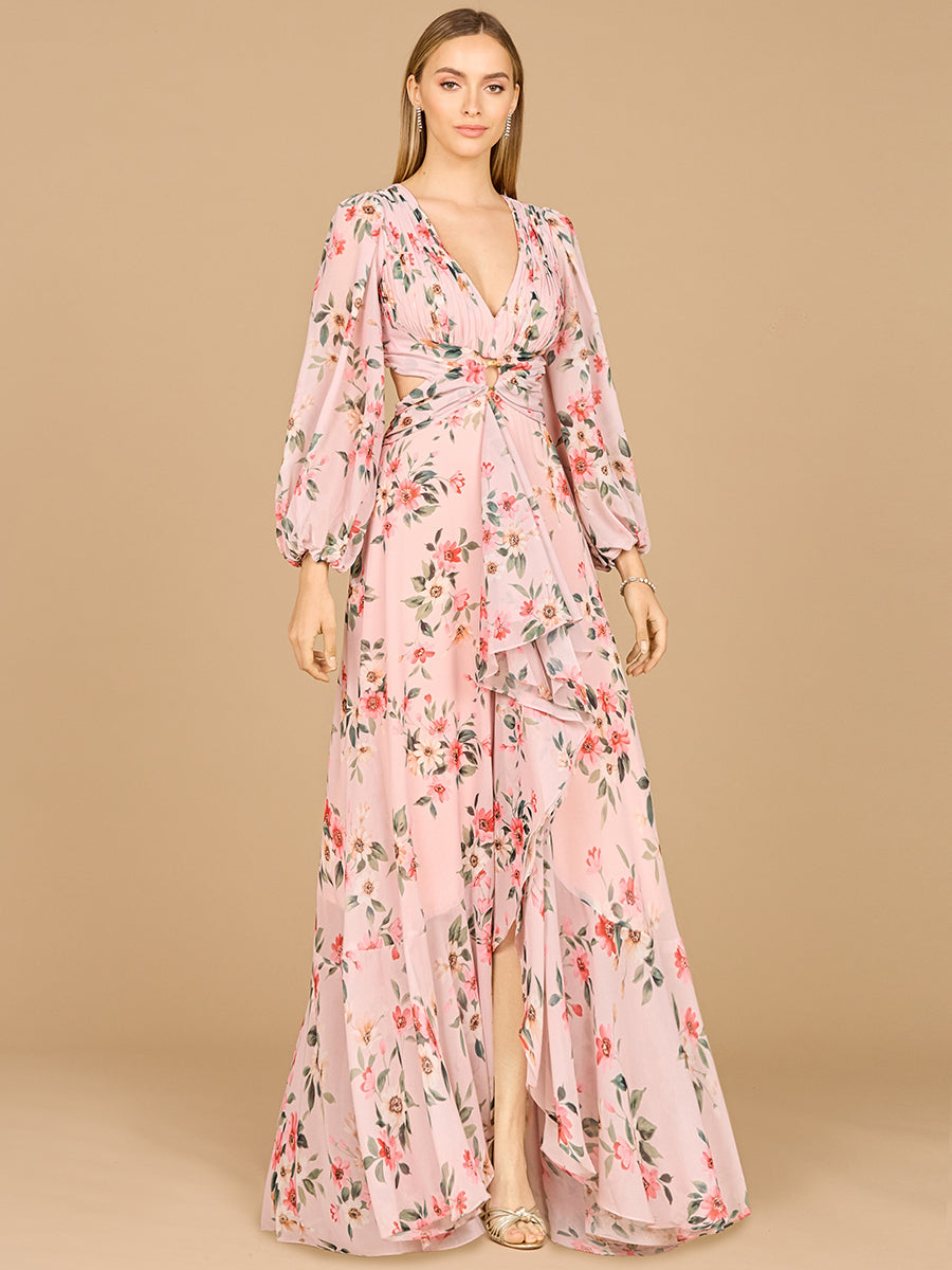 Lara 29245 Long Sleeve V-Neck, Layered Skirt Print Wedding Guest Dress