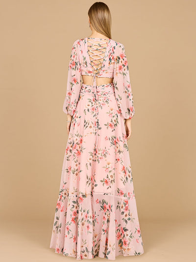 Lara 29245 Long Sleeve V-Neck, Layered Skirt Print Wedding Guest Dress