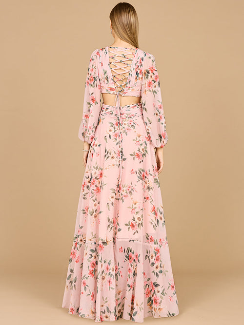 Lara 29245 Long Sleeve V-Neck, Layered Skirt Print Wedding Guest Dress