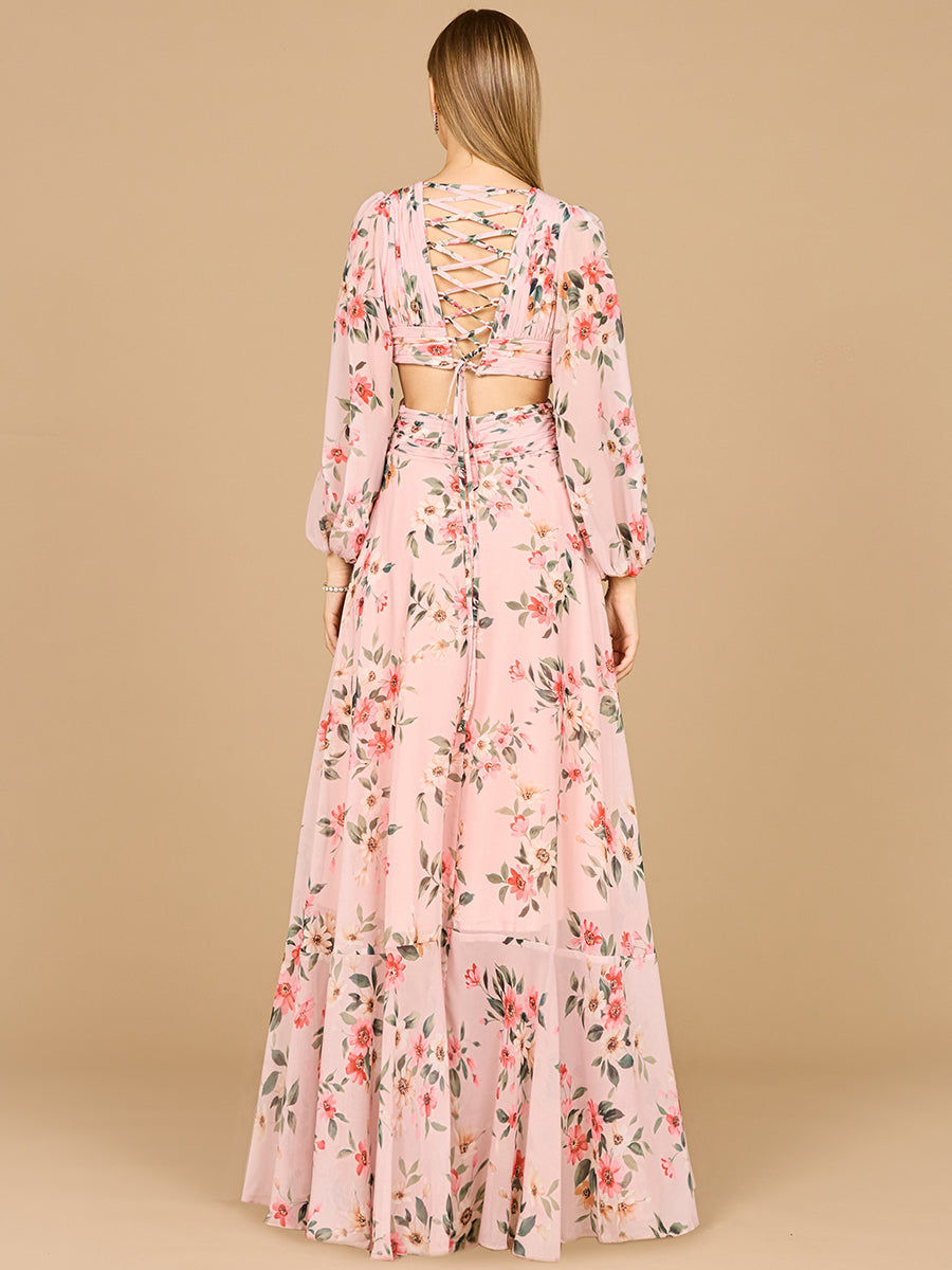 Lara 29245 Long Sleeve V-Neck, Layered Skirt Print Wedding Guest Dress