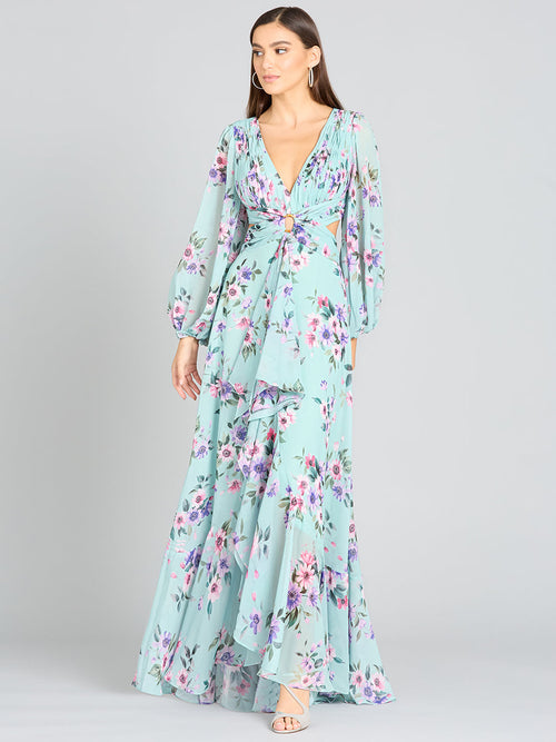 Lara 29245 Long Sleeve V-Neck, Layered Skirt Print Wedding Guest Dress