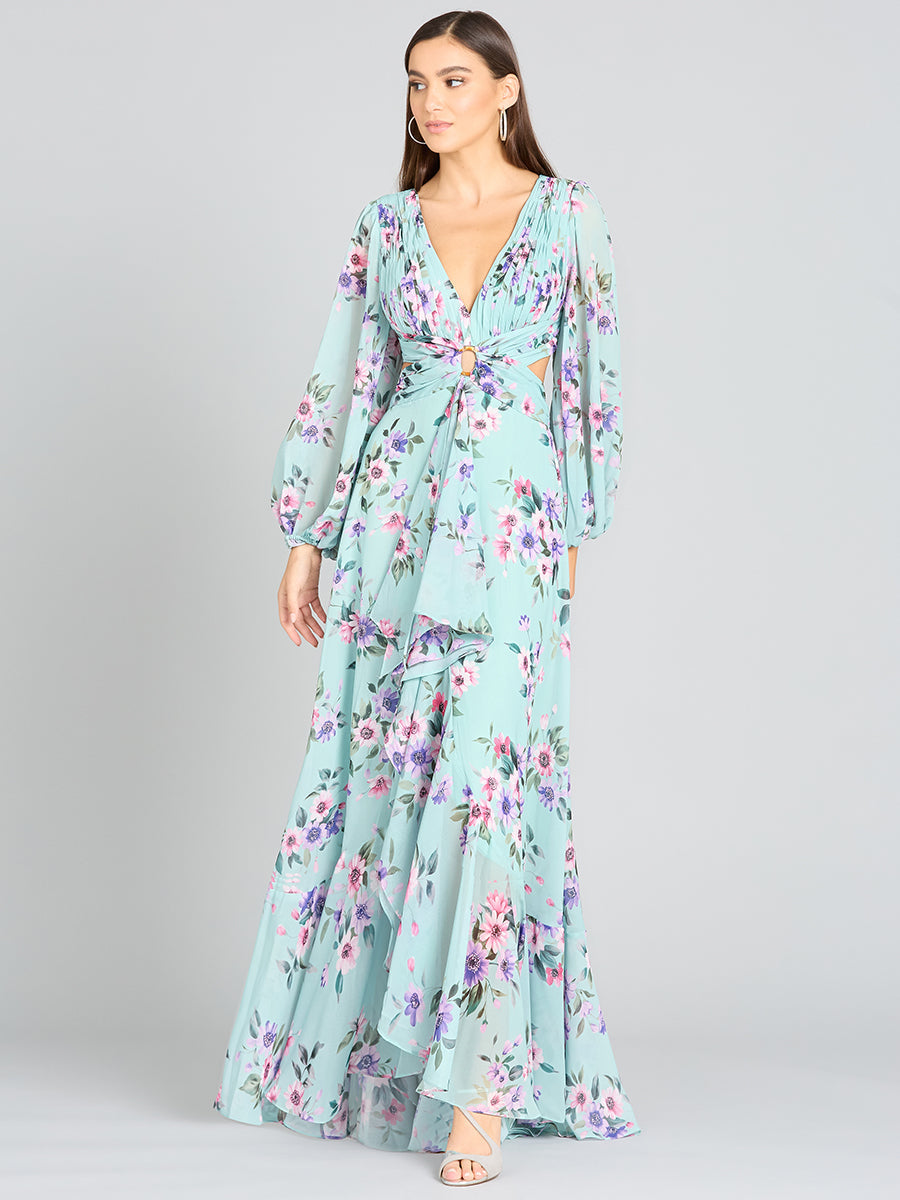 Lara 29245 Long Sleeve V-Neck, Layered Skirt Print Wedding Guest Dress