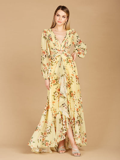 Lara 29245 Long Sleeve V-Neck, Layered Skirt Print Wedding Guest Dress