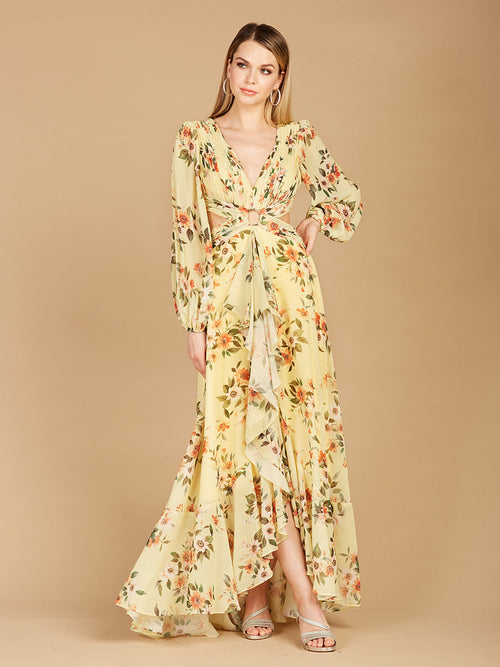 Lara 29245 Long Sleeve V-Neck, Layered Skirt Print Wedding Guest Dress