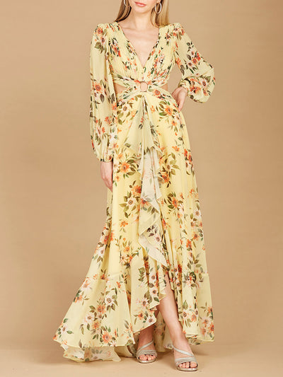 Lara 29245 Long Sleeve V-Neck, Layered Skirt Print Wedding Guest Dress