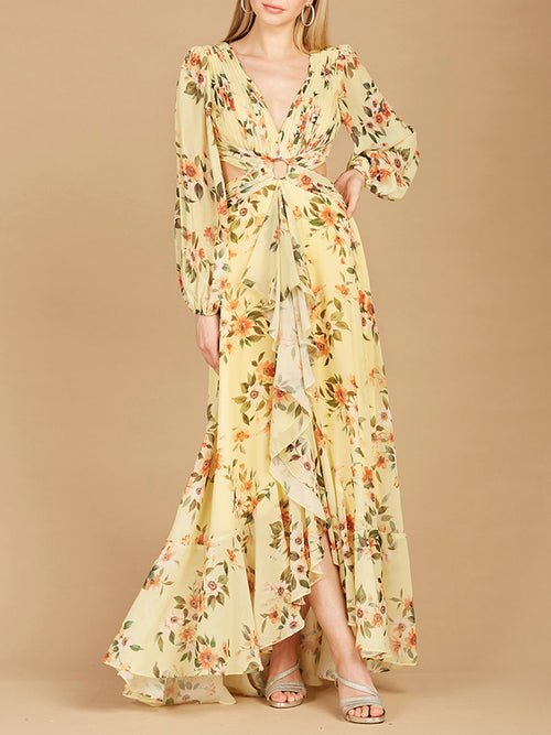 Lara 29245 Long Sleeve V-Neck, Layered Skirt Print Wedding Guest Dress