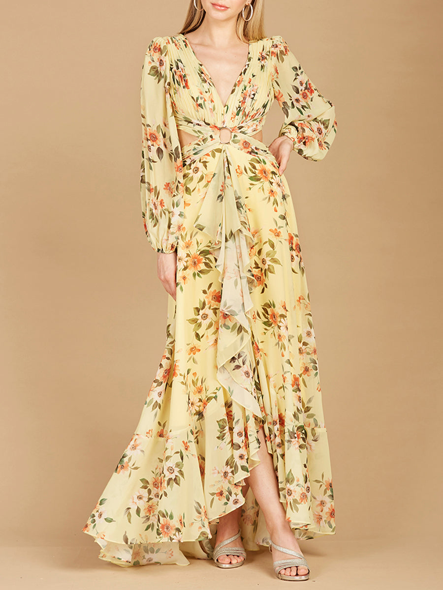 Lara 29245 Long Sleeve V-Neck, Layered Skirt Print Wedding Guest Dress