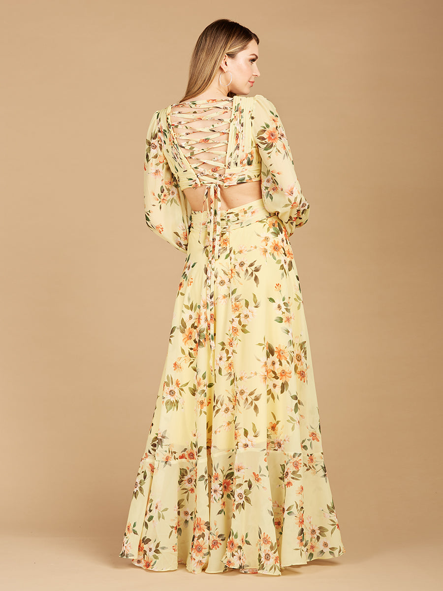 Lara 29245 Long Sleeve V-Neck, Layered Skirt Print Wedding Guest Dress