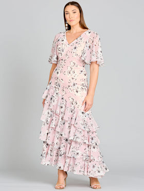 Lara 29246 Cape Sleeve V-neck Floral Print Dress