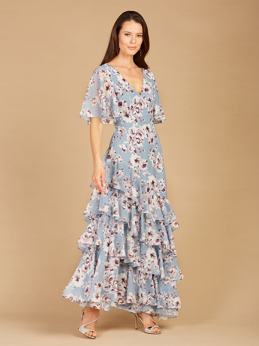 Lara 29246 Cape Sleeve V-neck Floral Print Dress
