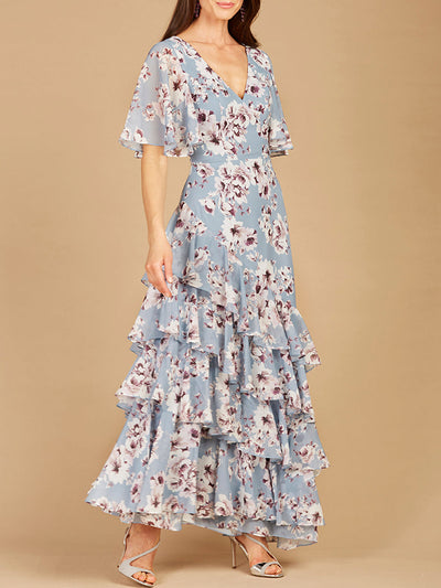 Lara 29246 Cape Sleeve V-neck Floral Print Dress