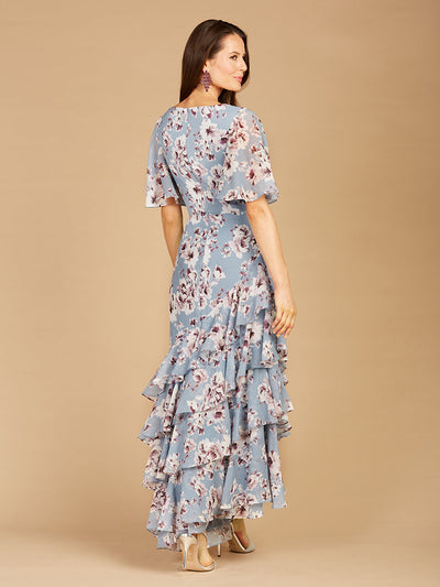 Lara 29246 Cape Sleeve V-neck Floral Print Dress