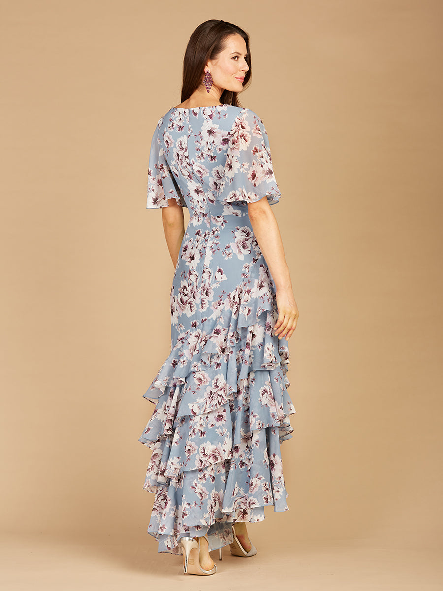 Lara 29246 Cape Sleeve V-neck Floral Print Dress