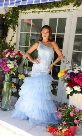 Ava Presley 29254 Mermaid One-Shoulder Tie Skirt Beaded Ruffled Dress