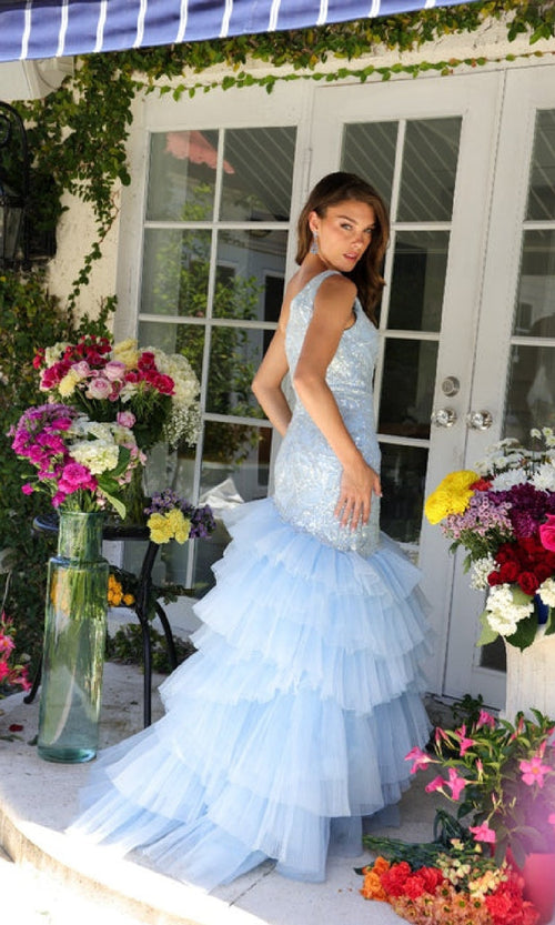 Ava Presley 29254 Mermaid One-Shoulder Tie Skirt Beaded Ruffled Dress
