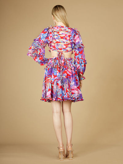 Lara 29269 Long Sleeve Print Cocktail Short Dress with Lace Up Back and Cutouts