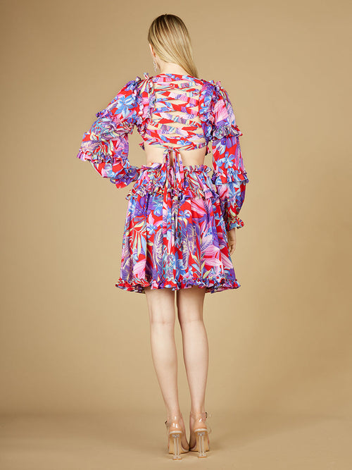 Lara 29269 Long Sleeve Print Cocktail Short Dress with Lace Up Back and Cutouts