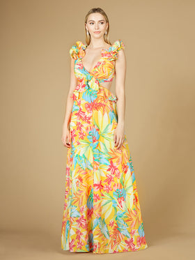 Lara 29270 Yellow Print Wedding Guest Dress V-Neck Long Floral Gown with Ruffled Straps
