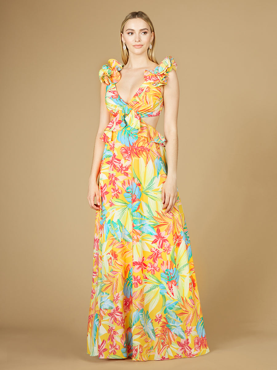 Lara 29270 Yellow Print Wedding Guest Dress V-Neck Long Floral Gown with Ruffled Straps
