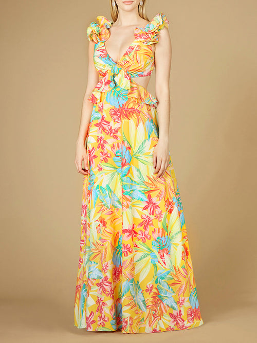 Lara 29270 Yellow Print Wedding Guest Dress V-Neck Long Floral Gown with Ruffled Straps