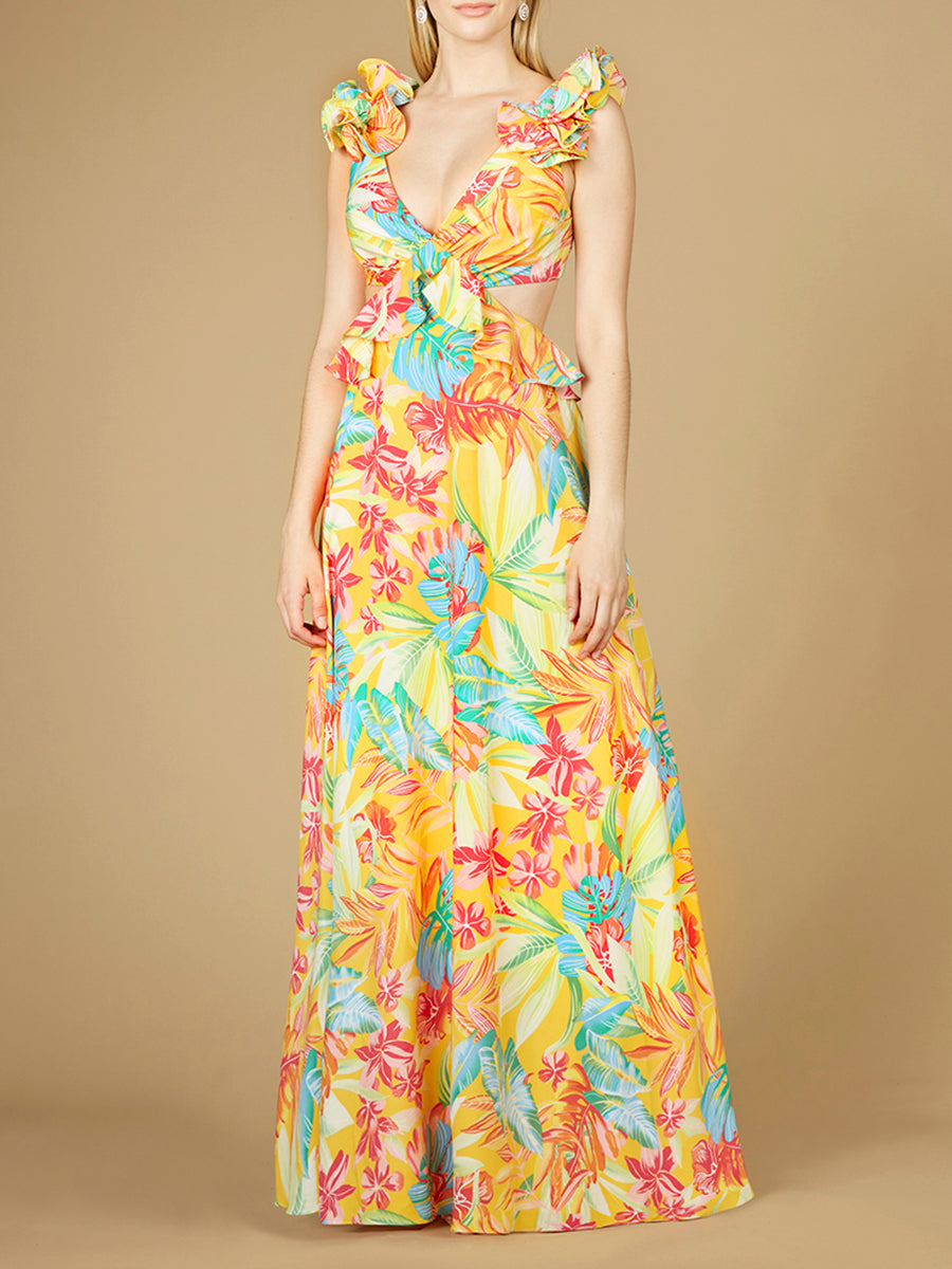 Lara 29270 Yellow Print Wedding Guest Dress V-Neck Long Floral Gown with Ruffled Straps
