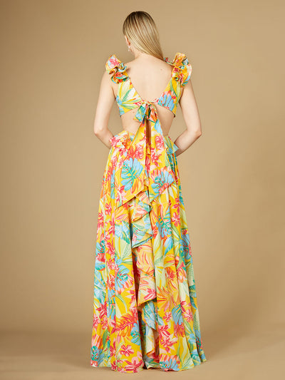 Lara 29270 Yellow Print Wedding Guest Dress V-Neck Long Floral Gown with Ruffled Straps