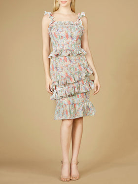 Lara 29272 White Ruffle Strap Floral Print Tiered Midi Dress - Outlet
