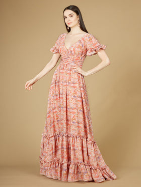 Lara 29273 Pink Long Floral Print Wedding Guest Dress with Cap Sleeves