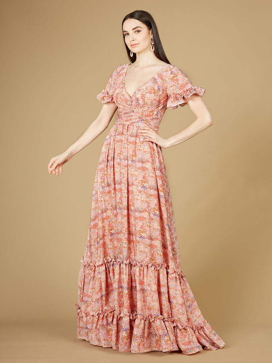 Lara 29273 Pink Long Floral Print Wedding Guest Dress with Cap Sleeves