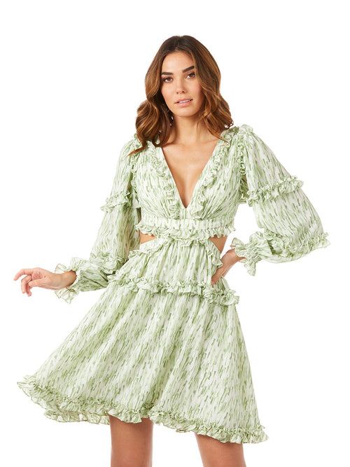 Lara 29279 Print Long Sleeve Short Cocktail Dress with Cutout and Lace Up Back