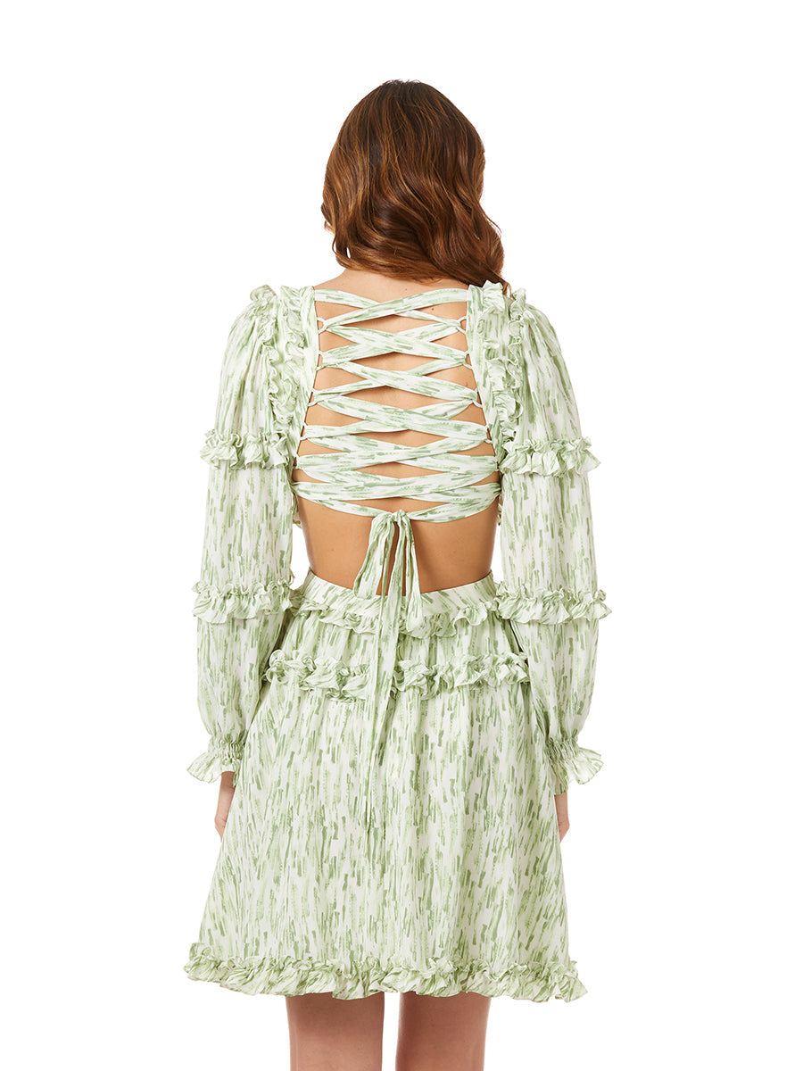 Lara 29279 Print Long Sleeve Short Cocktail Dress with Cutout and Lace Up Back