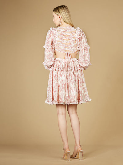 Lara 29279 Print Long Sleeve Short Cocktail Dress with Cutout and Lace Up Back