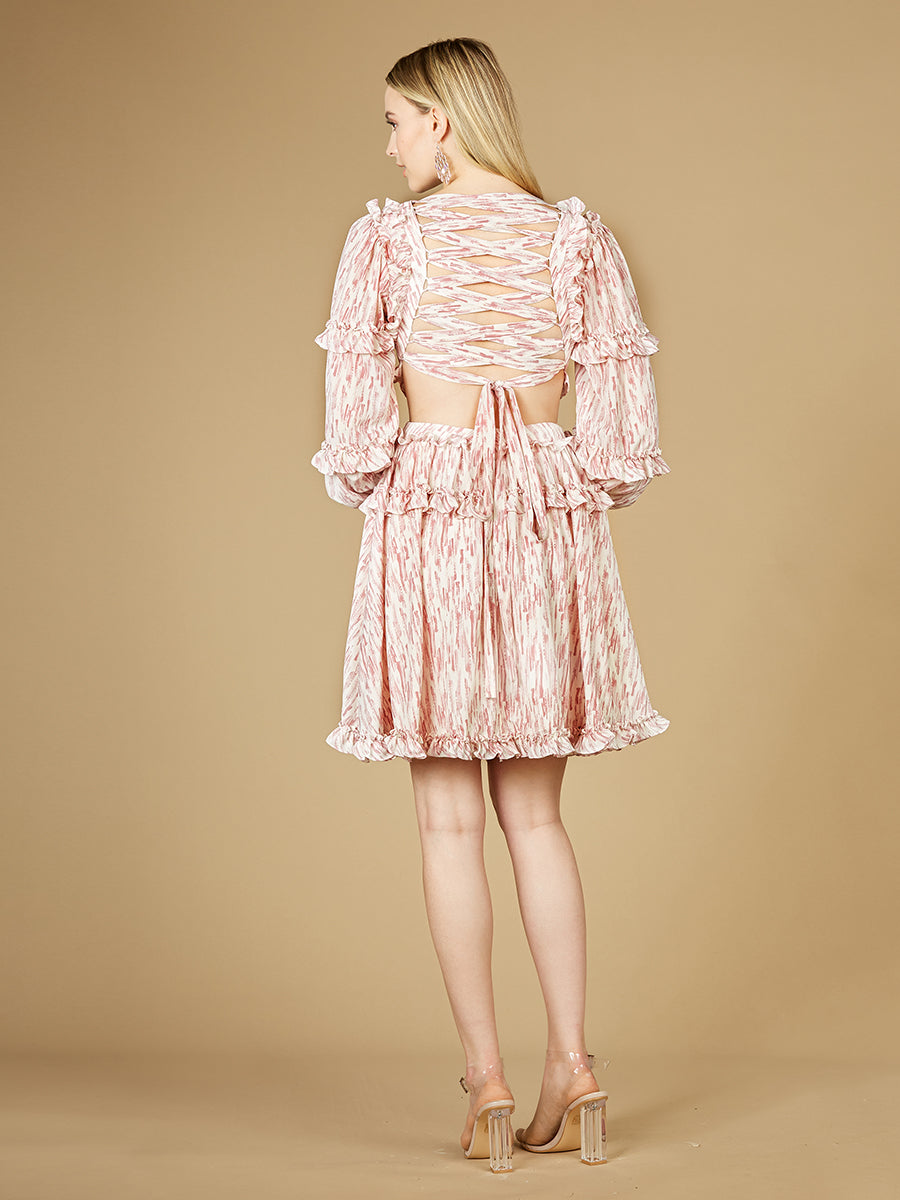 Lara 29279 Print Long Sleeve Short Cocktail Dress with Cutout and Lace Up Back