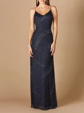 Lara 29282 V-Neck Beaded Spaghetti Strap Evening Gown